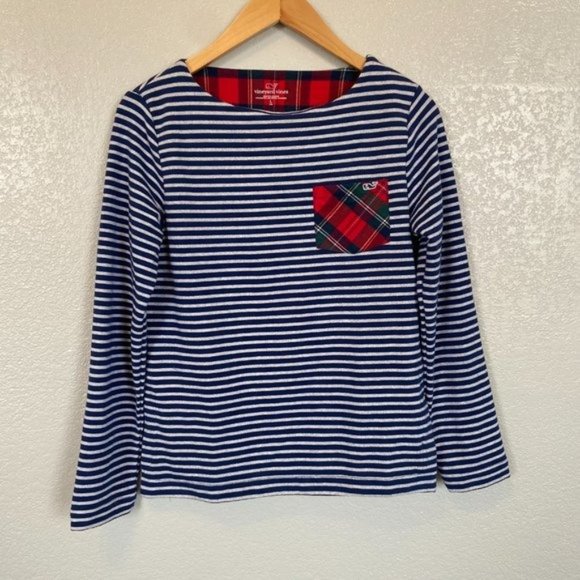 Vineyard Vines Girls Navy Striped Sweatshirt Tunic With Merry Plaid Pocket NEW - Picture 2 of 9